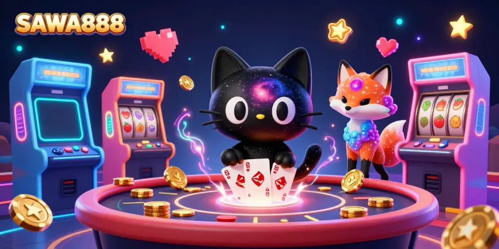 Experience lucky wins at SAWA888 with a captivating cosmic casino scene featuring a black hole cat and a nebula fox.