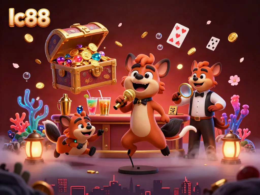 Experience the excitement of lc88 as hyenas bring comedy to the casino scene, with vibrant gold and gem elements.