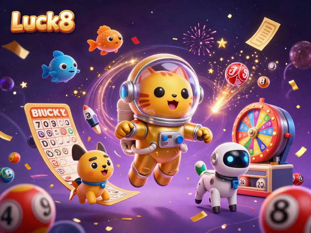 Luck8's vibrant casino features 3D cartoon characters amidst festive gaming elements and colorful lottery balls.