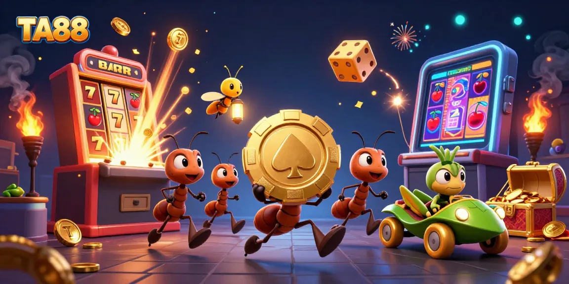 TA88 ants capture a giant poker chip amidst a vibrant casino heist scene.