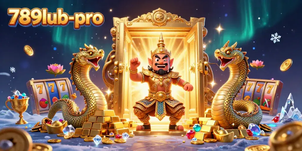 Engage with 789lub-pro's immersive casino gaming experience featuring vibrant slot elements and a Thai guardian.