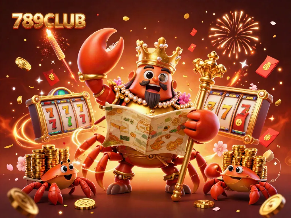 Engaging 3D illustration of 789CLUB featuring a golden crab emperor and hermit crabs amid vibrant gaming elements.