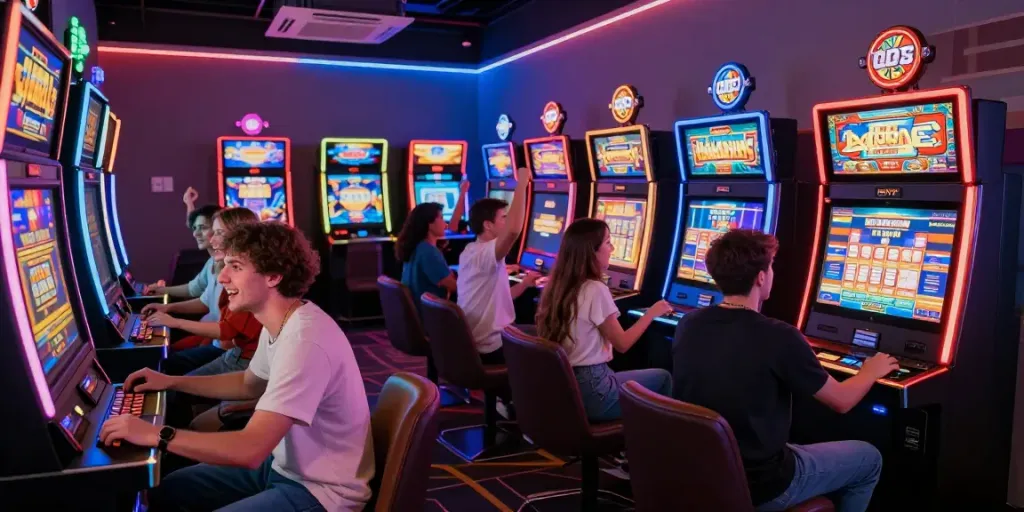 Tempat bermain slot yang meriah dengan teman-teman bersemangat.