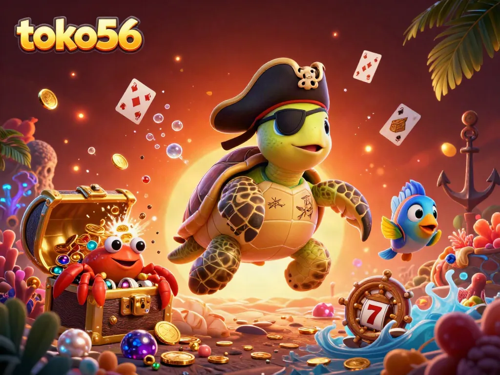 Engage with toku56 through vibrant slot games featuring a dynamic pirate turtle and treasure-filled underwater scene.