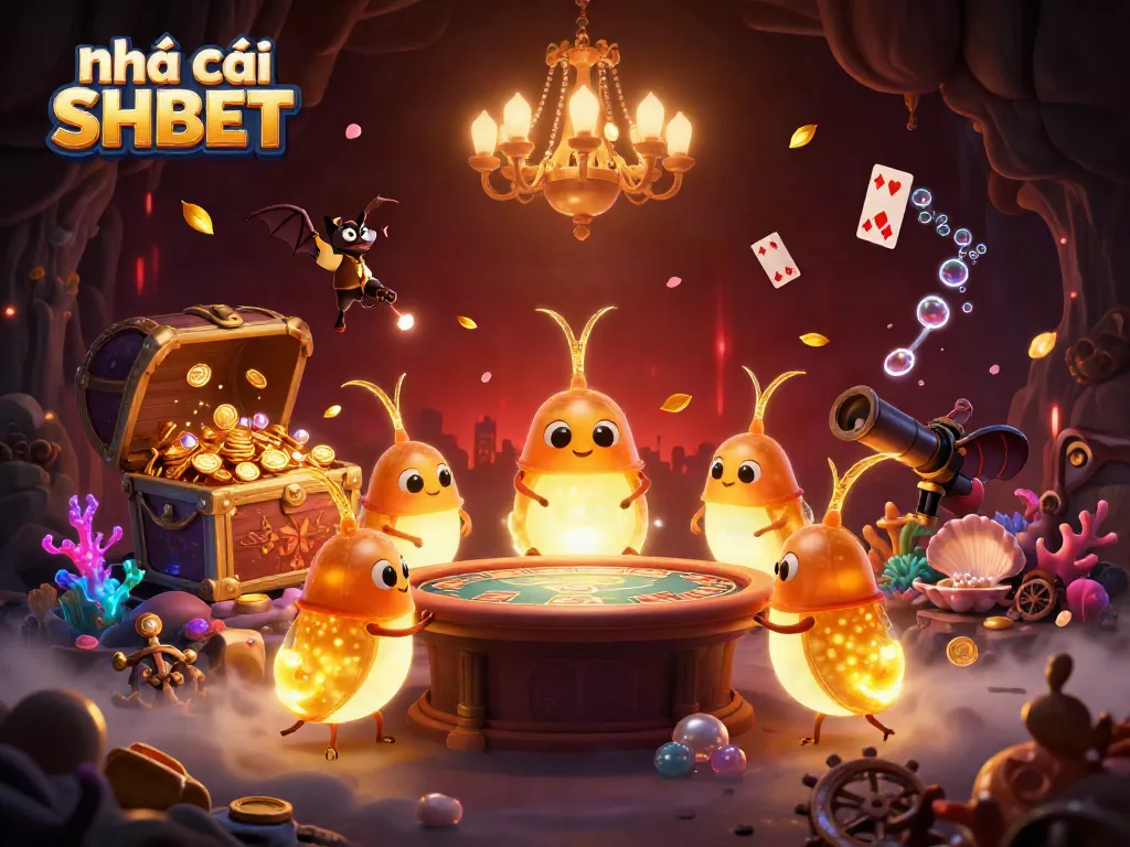 Experience the lively action at Nhà cái SHBET with a vibrant 3D casino scene filled with glowworms and thrilling games.