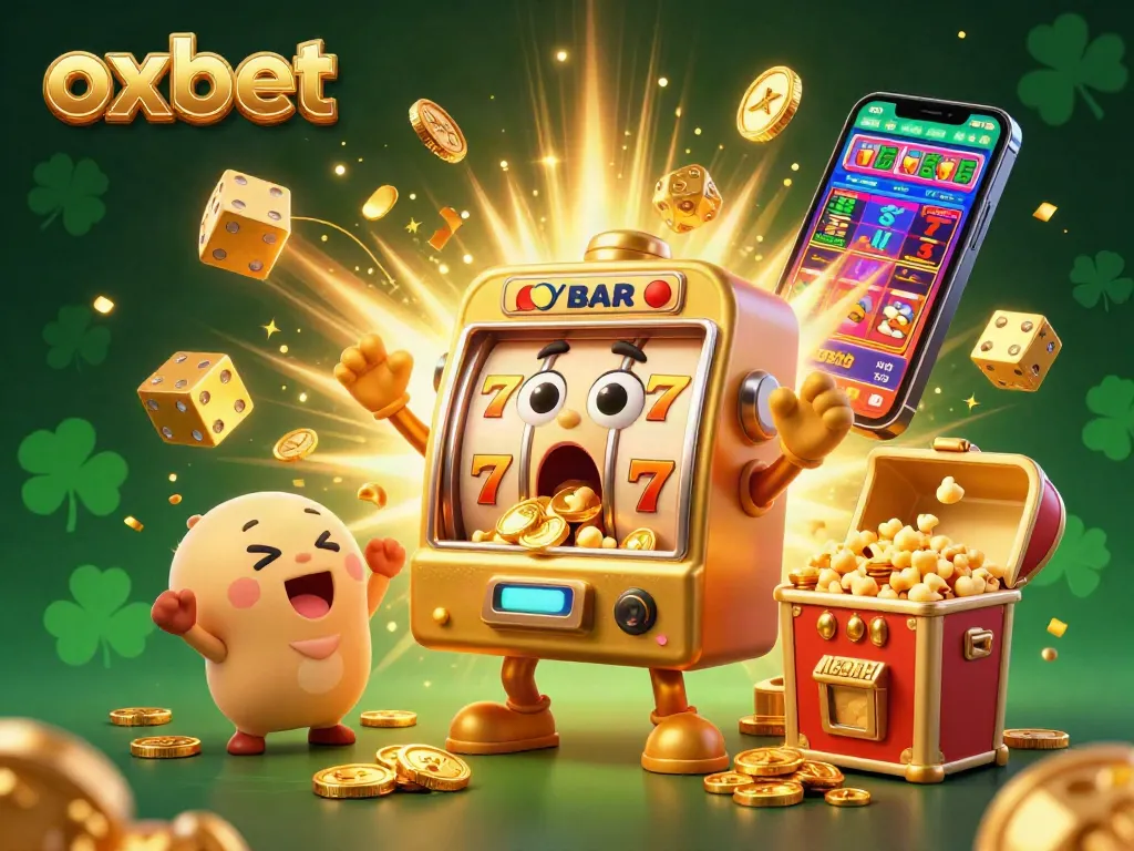 Experience the thrill of oxbet with a golden slot machine celebrating its jackpot in a vibrant, action-packed casino scene.