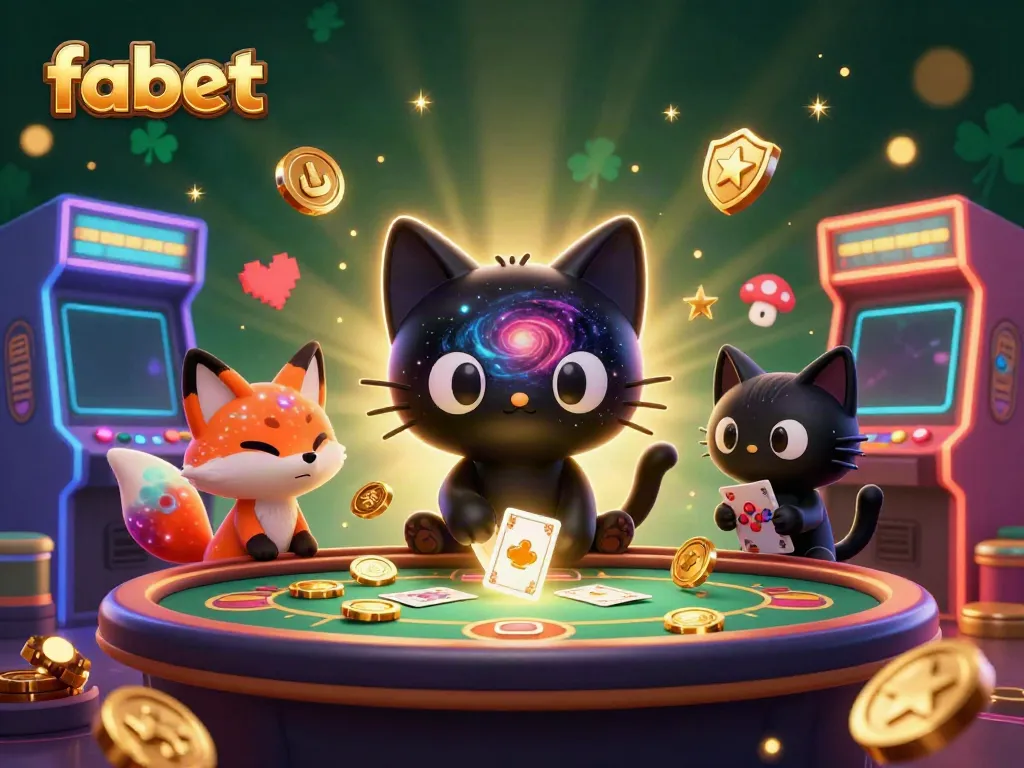 Experience the excitement of fabet casino with a cosmic twist featuring a black hole cat and colorful companions.