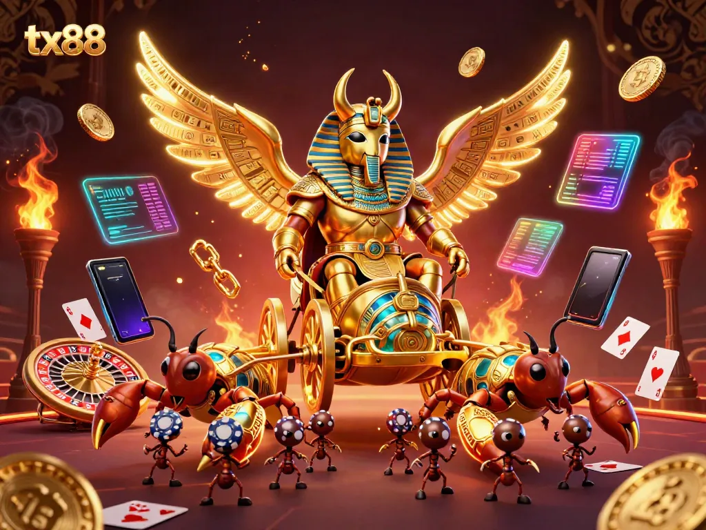 Experience thrilling betting at tx88 with a captivating 3D casino illustration showcasing a majestic golden scarab beetle.