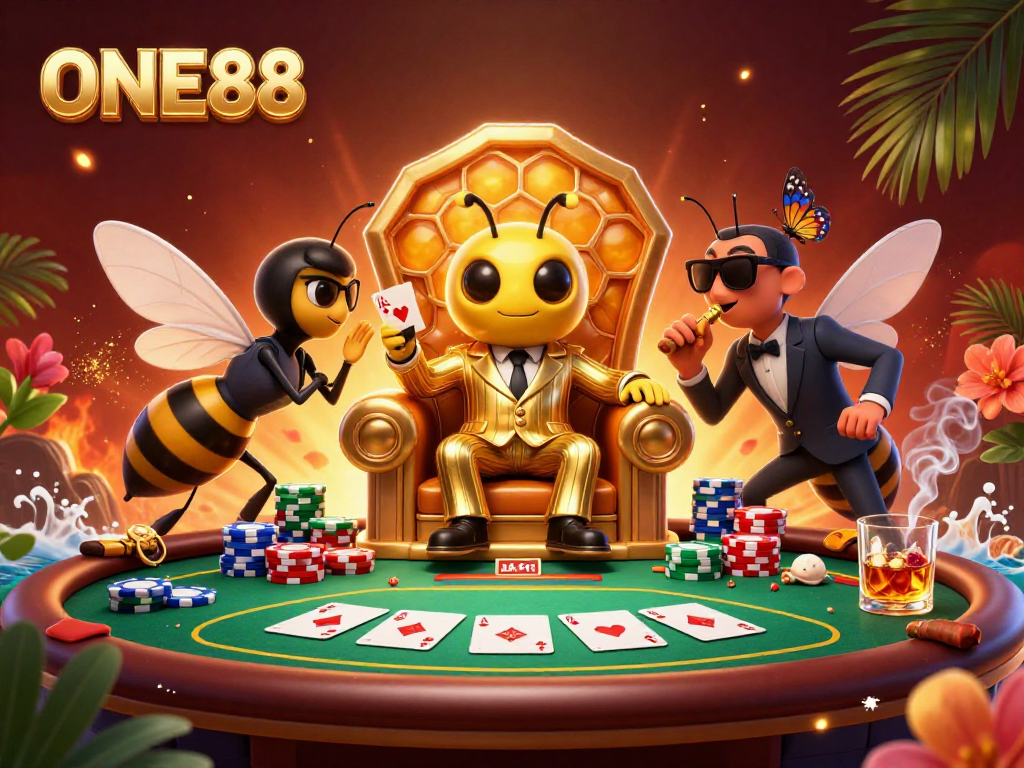 Engage with ONE88's dynamic casino atmosphere featuring a mob boss and a butterfly informant at the poker table.
