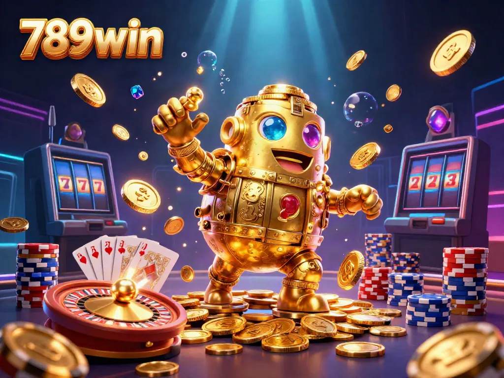Win big with 789win featuring a dynamic casino scene filled with golden coins and exciting gaming elements.