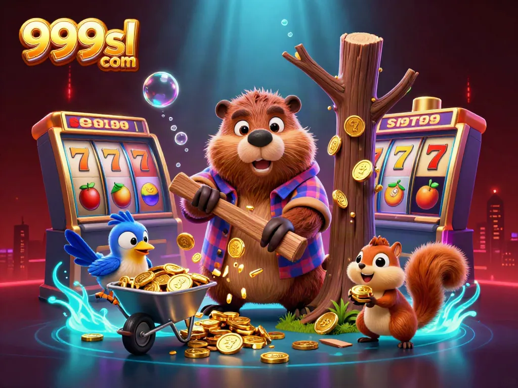 Experience the thrill of 999sl com with cartoon characters amidst slots, golden coins, and vibrant casino elements.