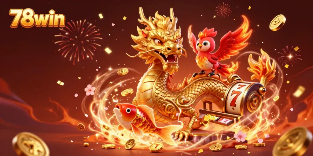 Experience thrilling possibilities at 78win with a golden dragon and koi fish amidst celebratory slot reels.