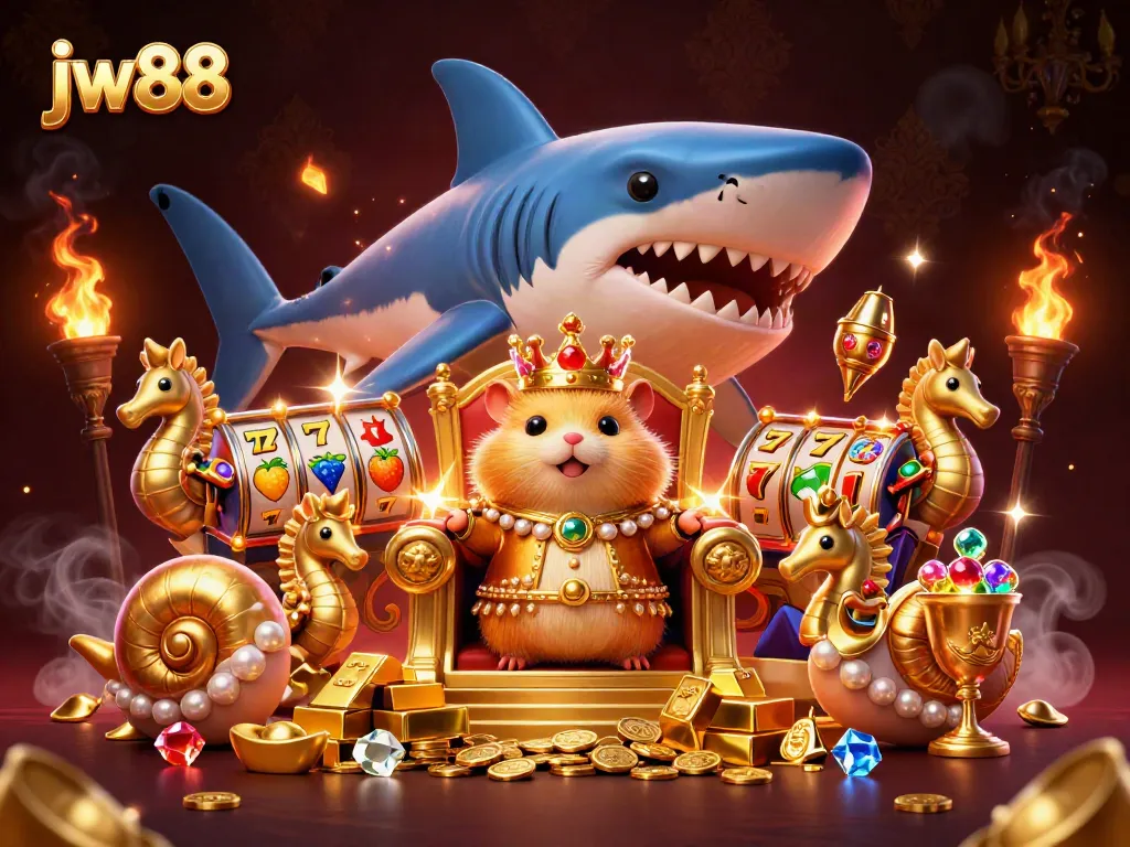 Experience the excitement of jw88 with a vibrant 3D casino scene featuring a hamster king and treasures.