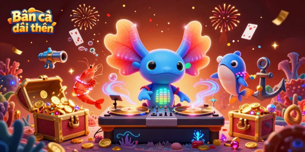 Engage in Bắn cá đổi thưởng with vibrant underwater characters and treasure bursting with excitement.