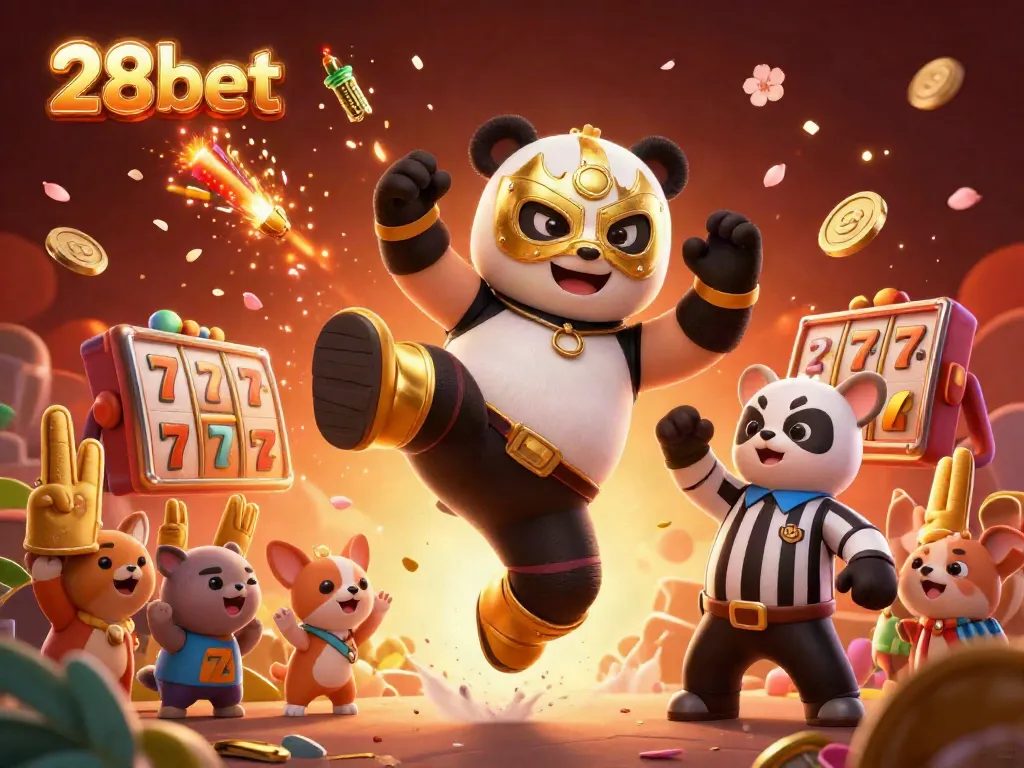 Engage in thrilling action with 28bet's diverse gaming scene featuring a wrestler panda and wild animal spectators.