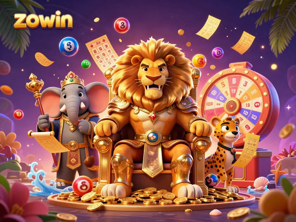 Zowin players spin the colorful lottery balls while enjoying a rich casino atmosphere with lively elements.