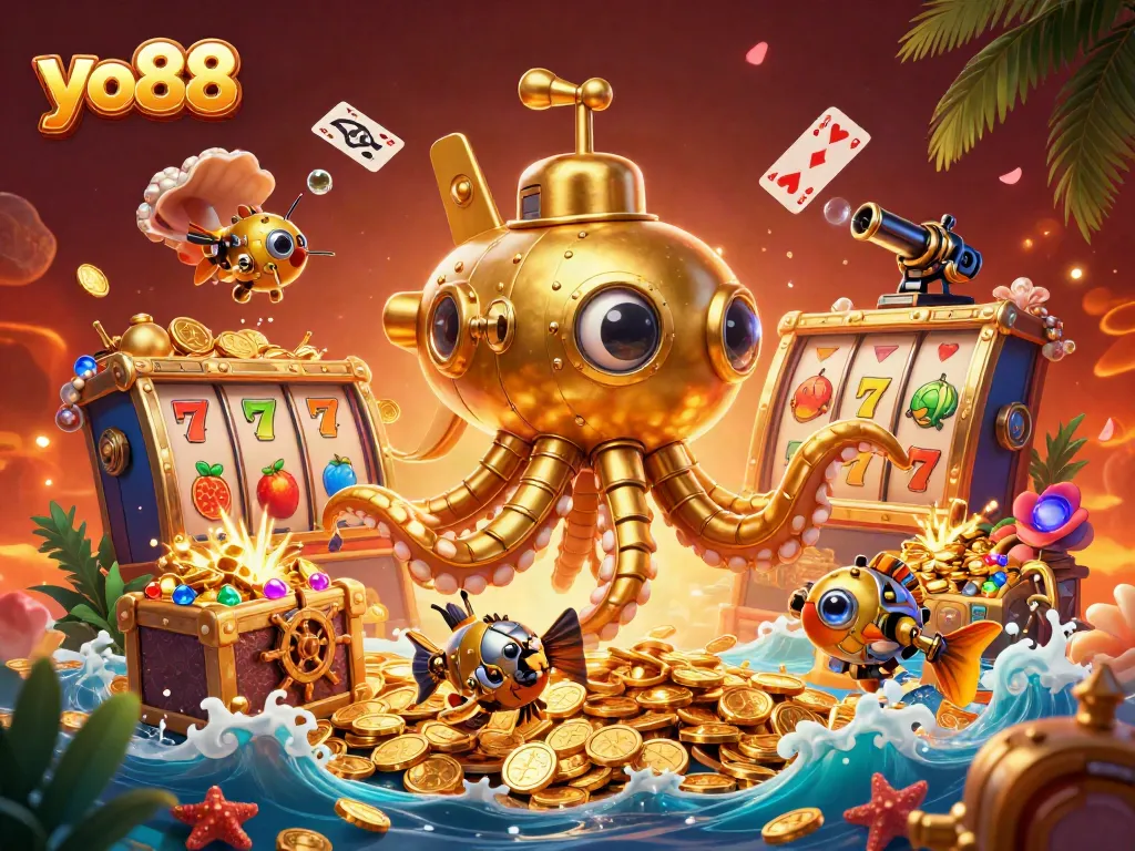 Engage with yo88's thrilling slot game experience featuring a golden kraken submarine and vibrant casino elements.