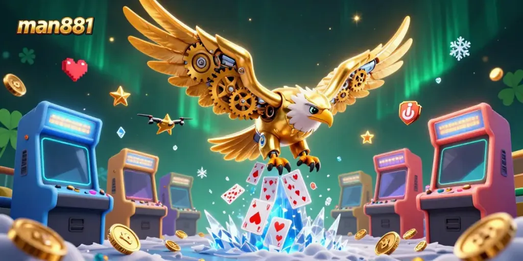 Experience thrilling wins at man881 with a dazzling 3D casino-themed illustration showcasing dynamic gaming elements.