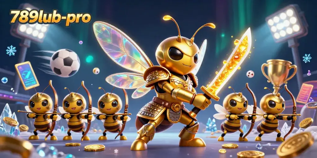 Experience thrilling gaming at 789lub-pro with a dynamic scene of a golden hornet warrior and sports action.