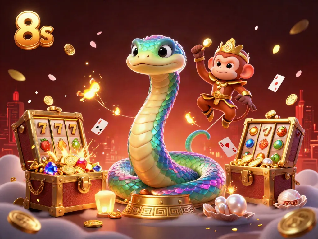 Experience thrilling gameplay with 8s as a colorful rainbow serpent coils around slots full of gold.