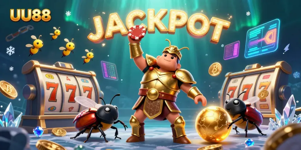Join the excitement at UU88 with a 3D beetle hero lifting a poker chip amidst dynamic casino elements.