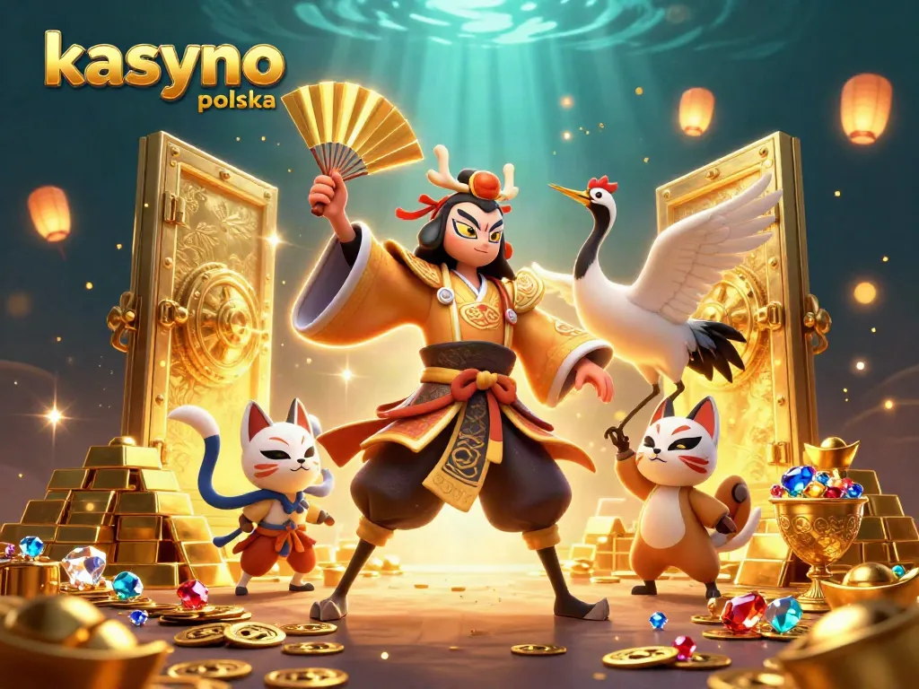 Experience excitement at kasyno online polska with vibrant characters and jewels bursting from a treasure vault.