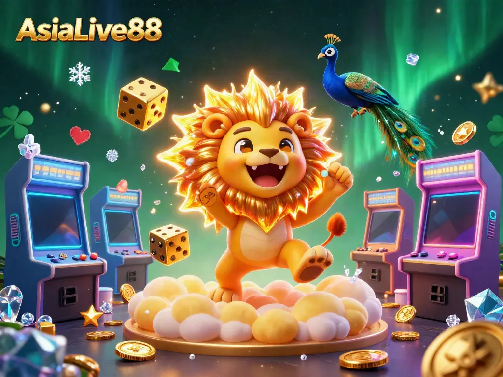 Experience the thrill of AsiaLive88 with our vibrant 3D casino illustration showcasing gameplay elements and golden luck.