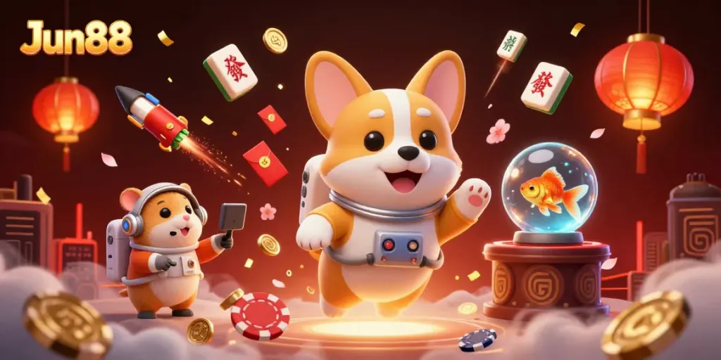 Engage with Jun88's exhilarating gaming universe, featuring a charming astronaut corgi and captivating casino elements.