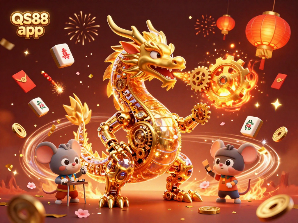 Experience the excitement of the QS88 app with a dynamic scene featuring a golden dragon, celebrating elements, and casino games.