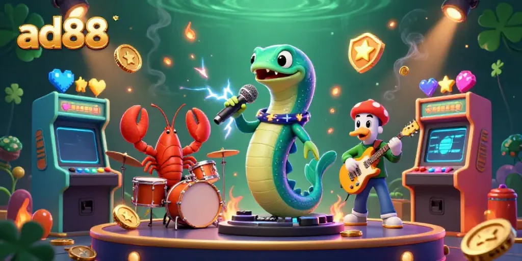 Engage in the ad88 underwater casino scene with a DJ eel performing alongside lively sea creatures, enhanced with vibrant game elements.