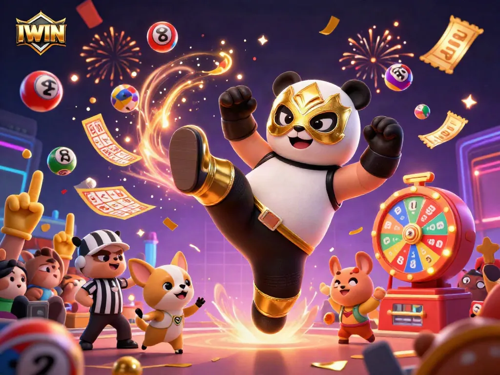 IWIN captivates players as a wrestler panda kicks while lottery balls bounce around in an exciting promotional scene.