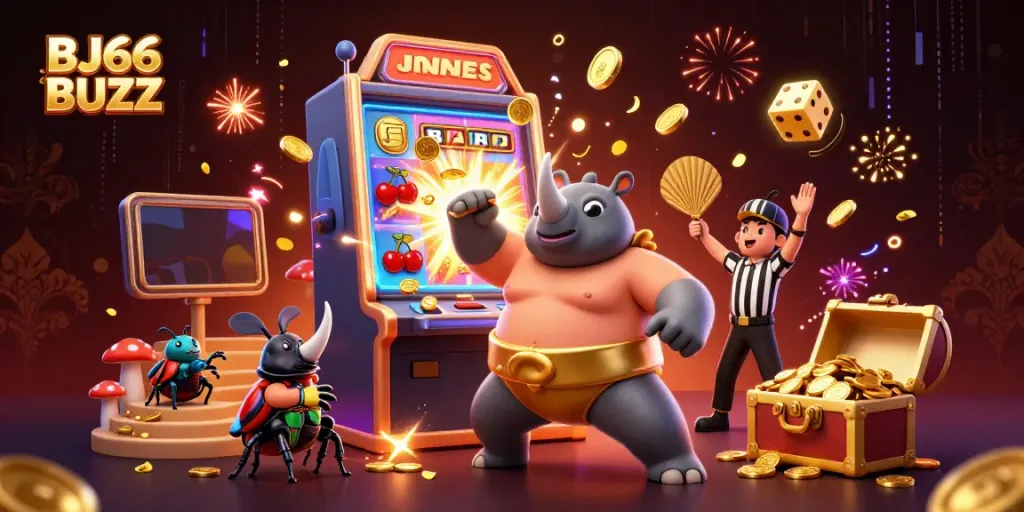 Win at BJ66 BUZZ with a vibrant scene of a cartoon beetle champ amid a jackpot explosion of casino symbols.