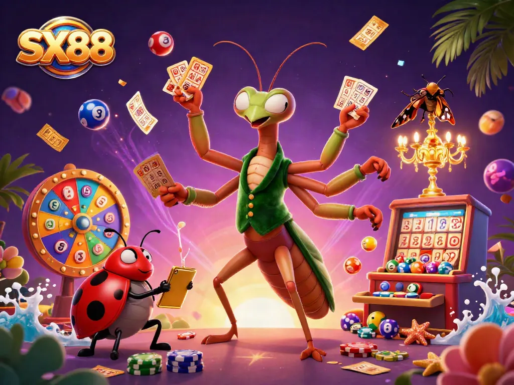 SX88 showcases a vibrant casino scene with a giant mantis dealer and ladybug pit boss, capturing the excitement of gaming.