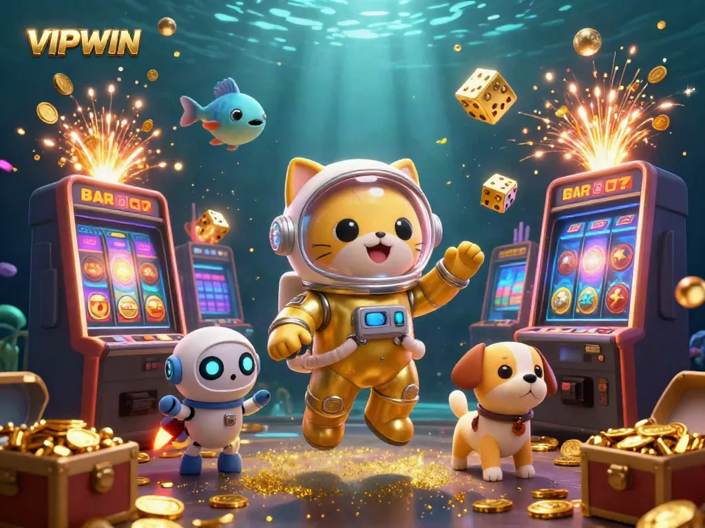Experience the excitement of VIPWIN as a golden astronaut cat explores a jackpot-filled universe surrounded by vibrant casino elements.