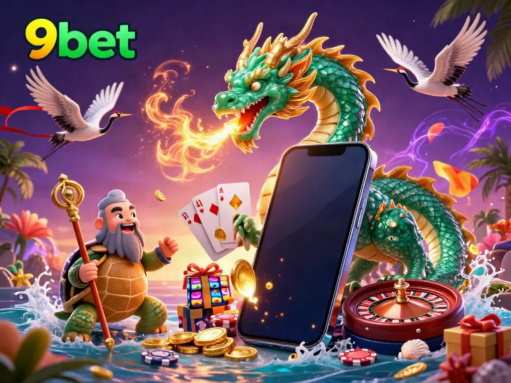 Experience the excitement of 9bet with a vibrant 3D scene featuring a powerful dragon and lucky symbols.