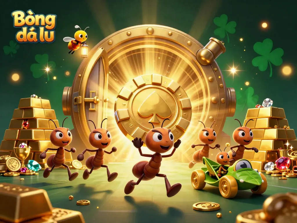 Bóng đá lu showcases a team of ants stealing a giant golden poker chip amidst a sparkling treasure, enhancing the online gambling experience.