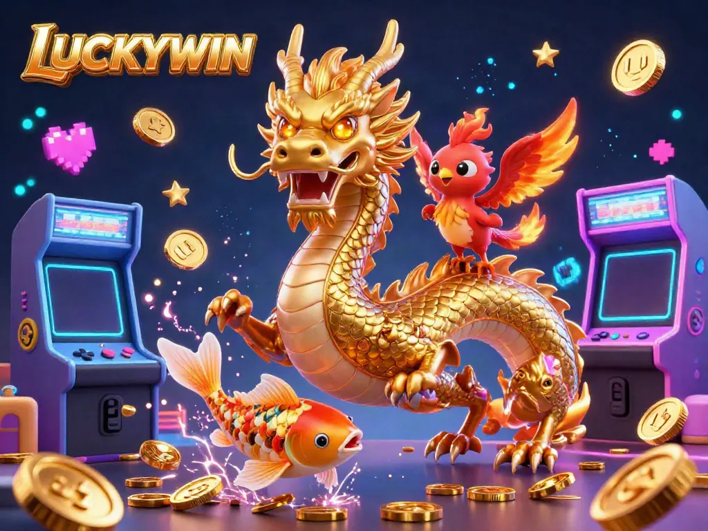 LUCKYWIN showcases an immersive 3D casino scene featuring a dragon, phoenix, and koi fish amidst vibrant gaming elements.
