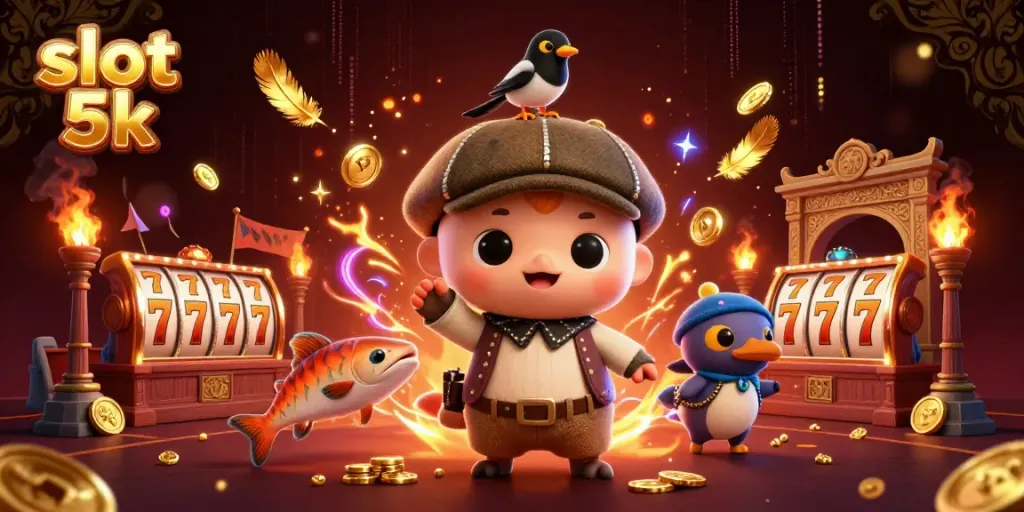 Experience the excitement of slot 5k with vibrant 3D characters and gold-themed elements.