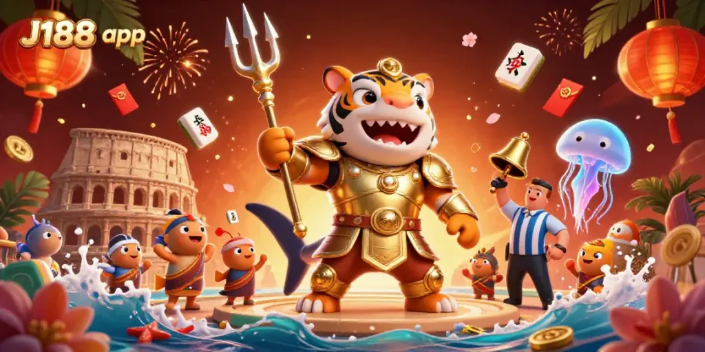 Experience the thrilling underwater world of the J188 app, featuring action-packed elements like a tiger shark in gladiator armor.