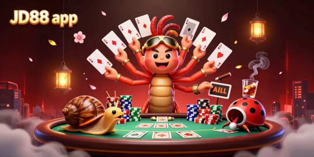 Experience the dynamic JD88 app with a cartoon dealer, high-roller snail, and excited pill bug at a vibrant poker table.