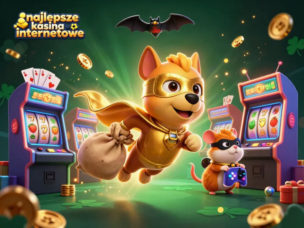 Engage with najlepsze kasyna internetowe through a vibrant casino-themed illustration featuring a superhero dog and sidekick.
