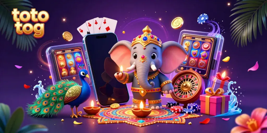 Spin the reels on toto tog with a vibrant 3D Diwali-themed casino illustration, featuring rich colors and dynamic gaming elements.