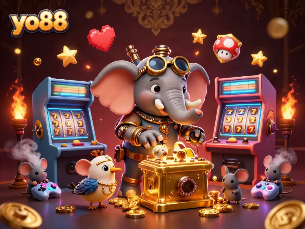 Spin the golden slot machine with yo88, featuring a steampunk engineer and vibrant arcade elements.