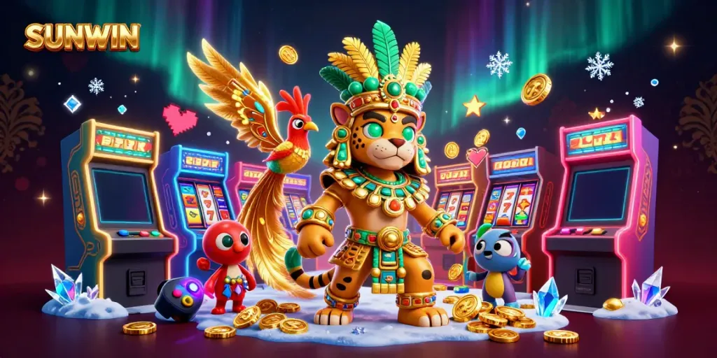 Experience thrilling gameplay with SUNWIN in a lavish 3D casino scene filled with slot machines and vibrant colors.