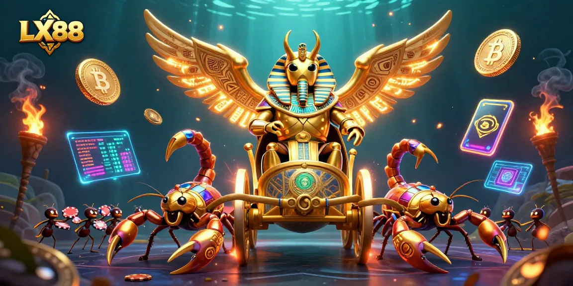Engage with the vibrant world of LX88, featuring a golden scarab and crypto elements in a dynamic casino scene.