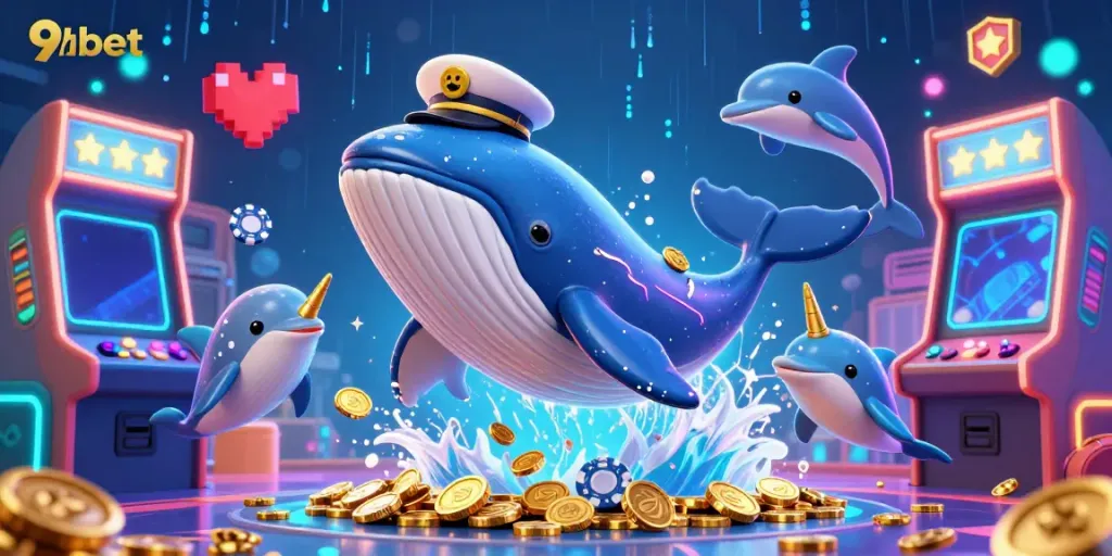 Experience the thrilling world of 9bet with a whale breaching coins and dolphins juggling poker chips.