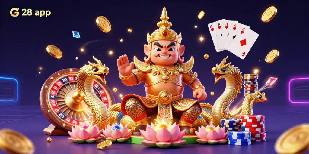 Engage with the G28 app featuring a colorful guardian and dynamic casino elements.