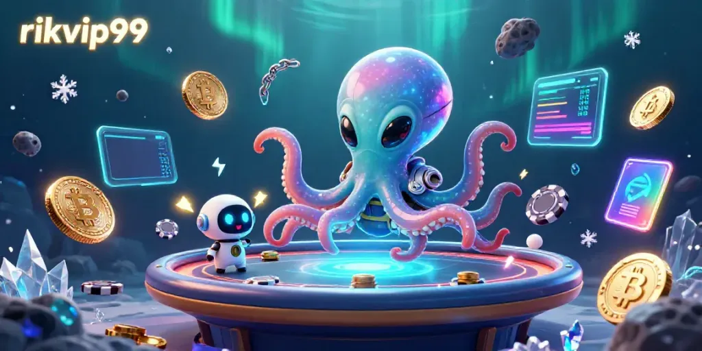 Play poker with the alien octopus at rikvip99, surrounded by cryptocurrency and cosmic elements.
