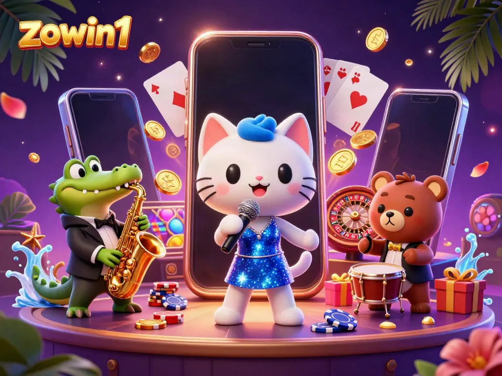 "Enjoying exciting slots at Zowin1 with a jazzy cat, crocodile, and bear in vibrant casino atmosphere."