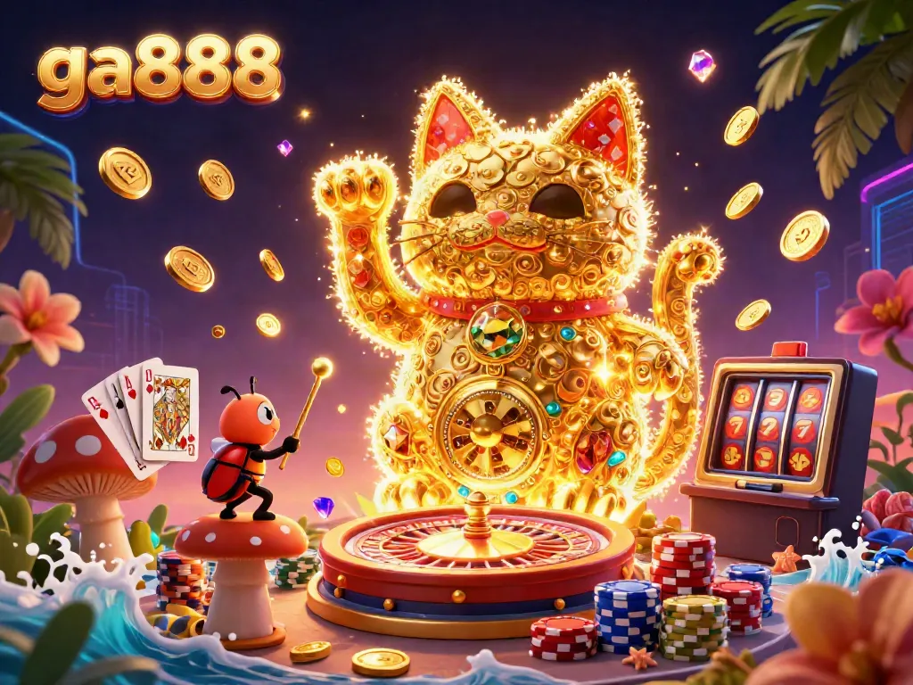 Experience the excitement of ga888 with vibrant casino chaos featuring a lucky cat and golden treasures.